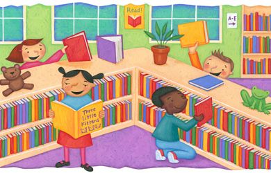 Ilustracija otrok v knjižnici