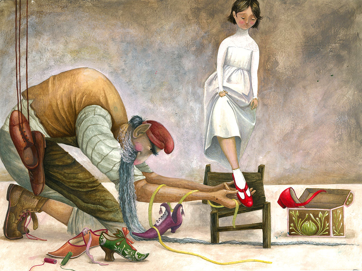 ilustrativna slika - čevljar in deklica, ki poizkuša čevelj